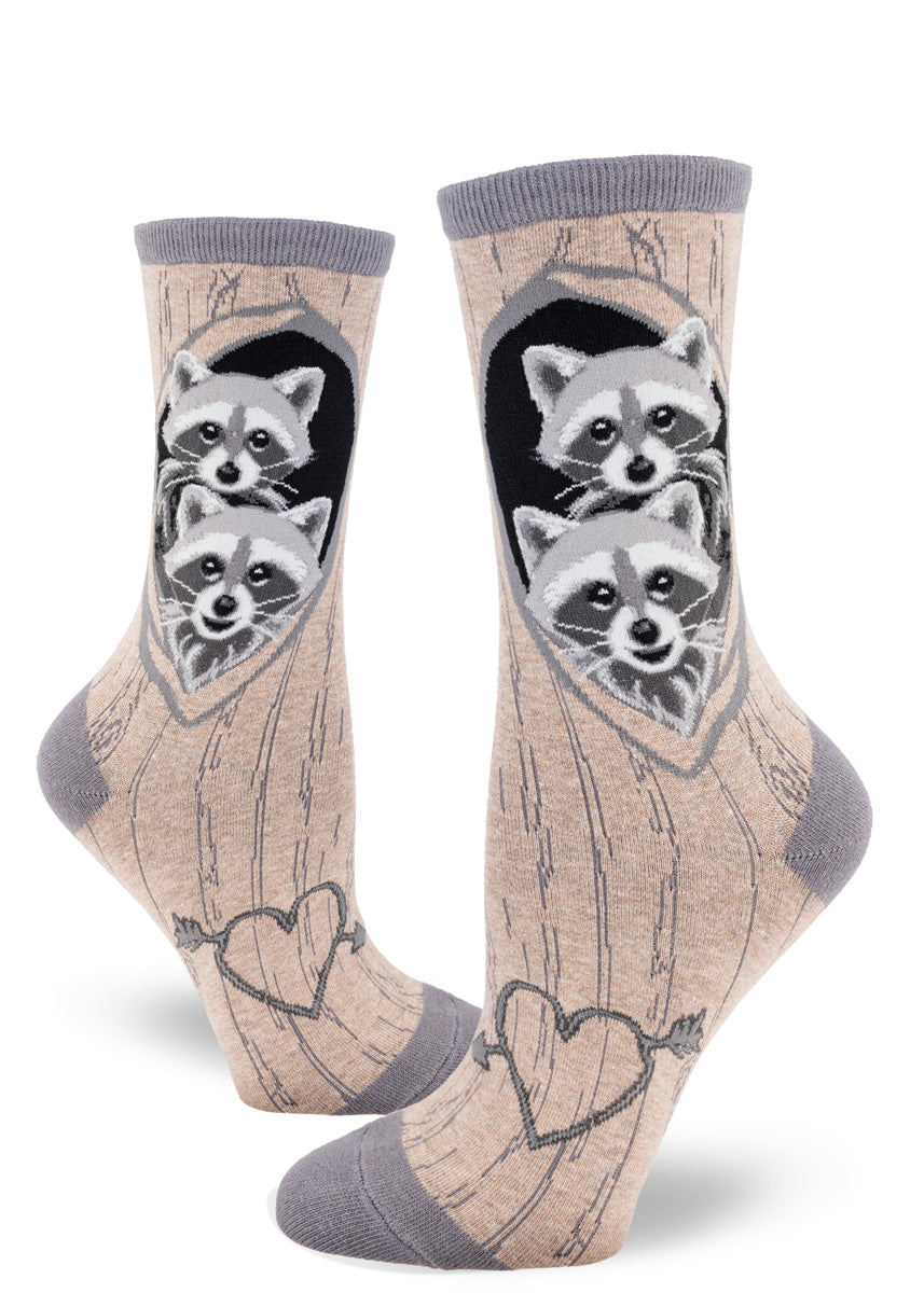 Raccoon crew socks for women with raccoons in tree dens, formed by the tree bark pattern socks.