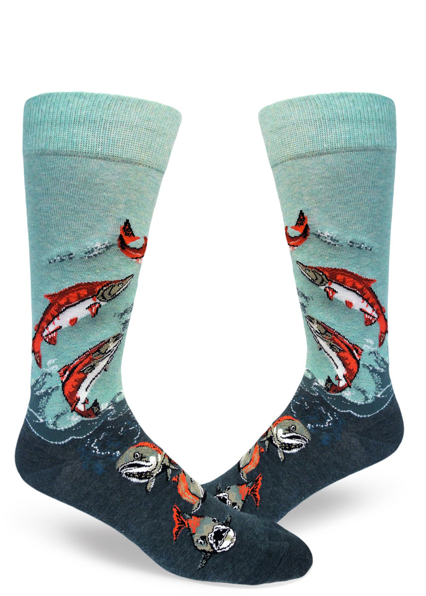 Salmon socks for men with spawning salmon swimming up a stream